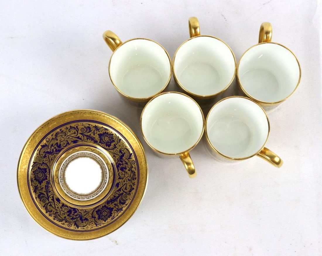 Mintons "Porcelain Ball" Espresso Set: Mintons "Porcelain Ball" Espresso Set. Includes 6 saucers measuring approx. - 4 1/4" dia, and 5 espresso cups measuring 2 1/2" H x 2" dia. Condition is overall good. ? Have a simil
