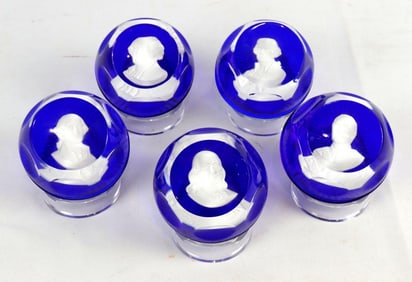 5 Pc. Baccarat Blue Cameo Franklin Mint Paperweight Set