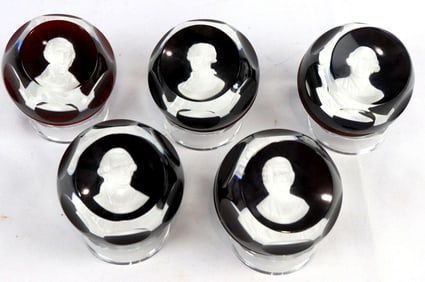 5 Pc. Baccarat Red Cameo Franklin Mint Paperweight Set