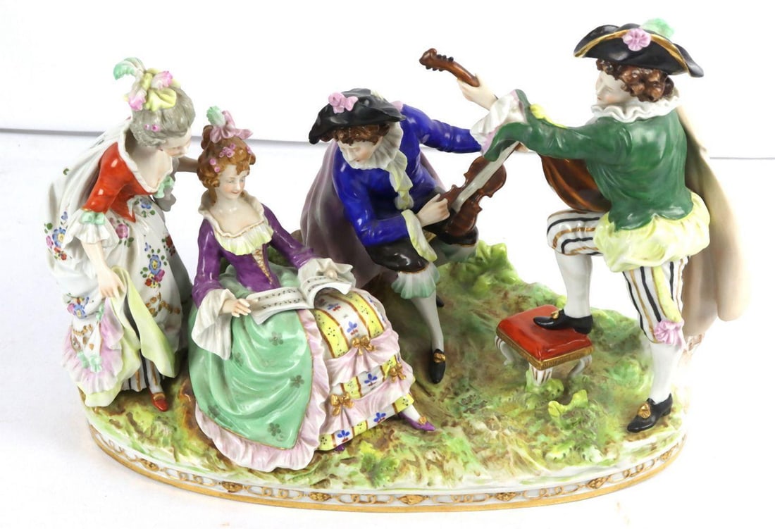 European Porcelain Group Musical Scene: European Porcelain Group Musical Scene. Measures approx. - 14" W x 10 1/4" H x 6" D. Numbered "11105". Condition is overall good. Have a similar item to sell? Contact us at info