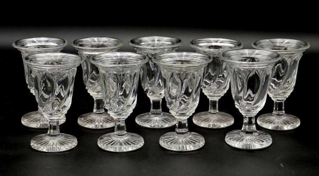9 Pc. Vintage English Swirl Glass Bar Glasses: 9 Pc. Vintage English Swirl Glass Bar Glasses. Measures approx. - 4 1/4" high x 2 3/4" diameter. Have a similar item to sell? Contact us at info@marketauctionsinc.com Please review all pho