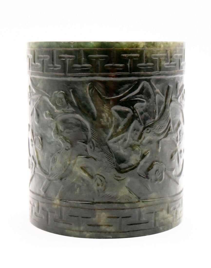 Chinese Carved Spinach Jade Brush Pot (1 of 3)