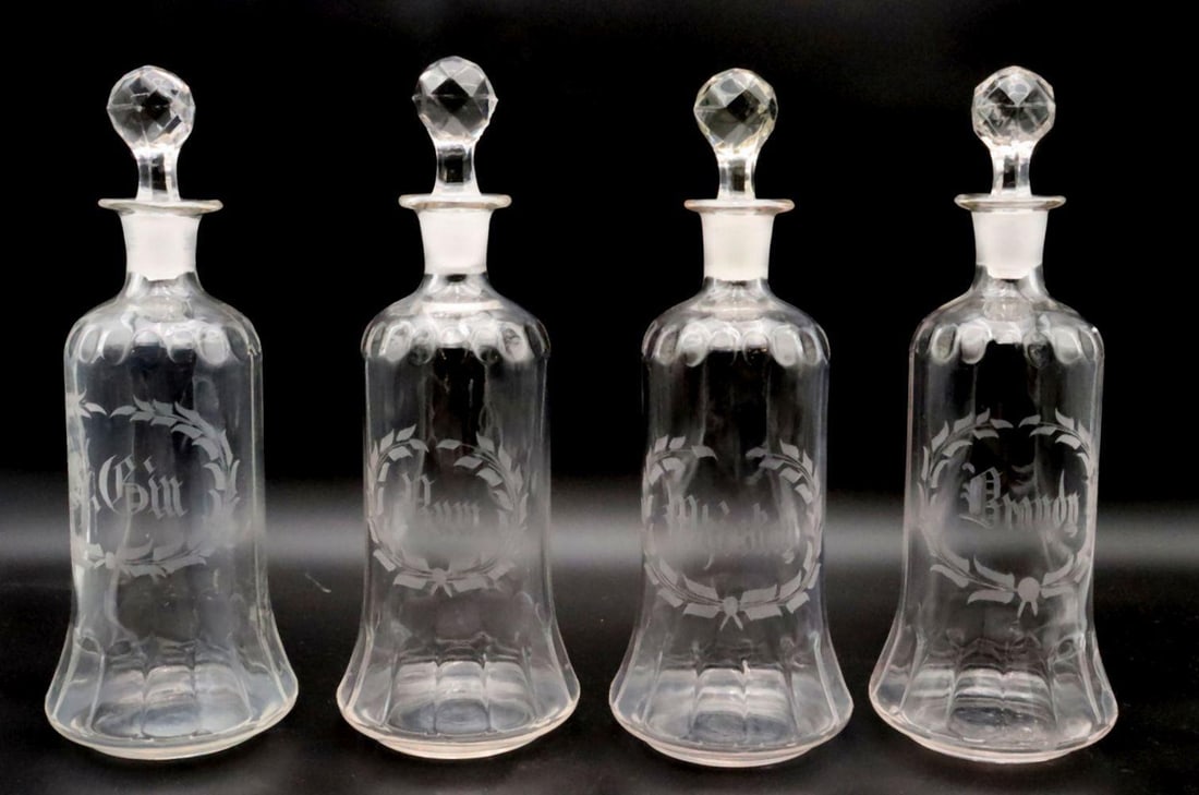 Four Antique Etched Glass Liquor Bottles (1 of 5)