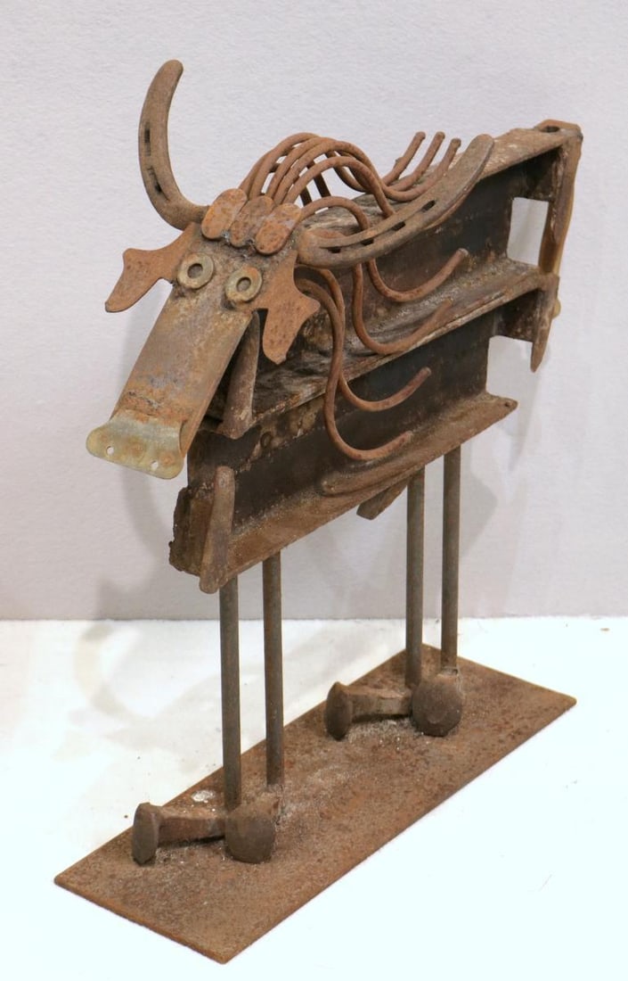 Signed Rose Wrought Iron Bull Sculpture: Signed Rose Wrought Iron Bull Sculpture. Measurements - 20" high x 21" long. Have a similar item to sell? Contact us at info@marketauctionsinc.com Please review all photos closely. The non