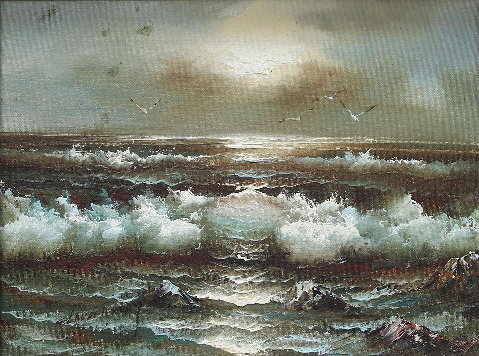 Claude Terray (French, 20th Century) Seascape: Oil on canvas by Claude Terray depicting a seascape. Signed bottom left. Measures approx 16" x 12" (24" x 20" framed). Canvas does show a bit of staining on the top. Please view photos