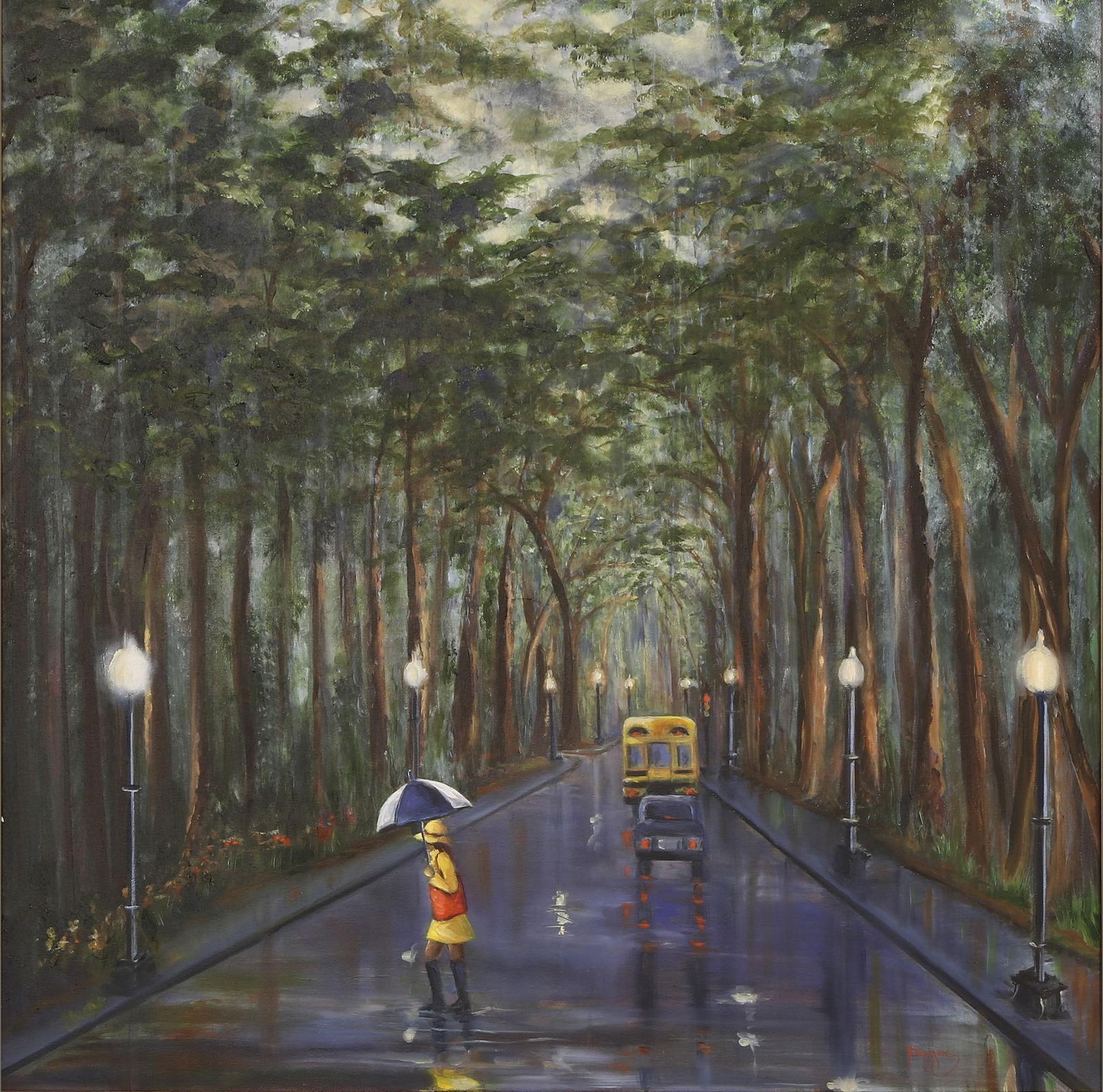 Yvonne Dagger Oil Painting on Canvas: Yvonne Dagger Framed oil painting on canvas. Depicting a wooden landscape with a car, school bus, and girl with an umbrella in the foreground. Measures approx 40" x 40" (43" x 43" fram
