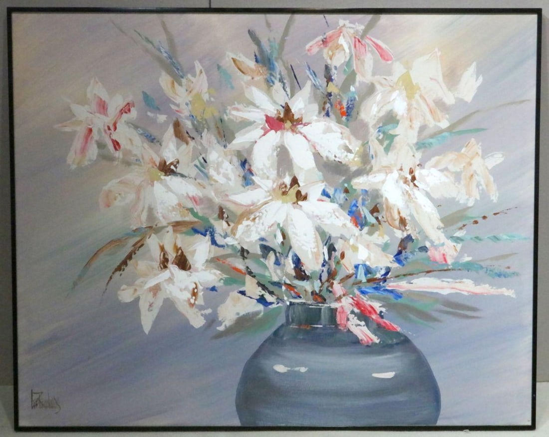 Lee Reynolds (American, 1936–2017) Still Life Oil Painting on Canvas: Lee Reynolds (American, 1936–2017) Large Still Life Oil Painting on Canvas. Measures approx. total with frame - 40 1/4" high x 50 1/4" wide. Signed lower left. Have a similar item to sell? C