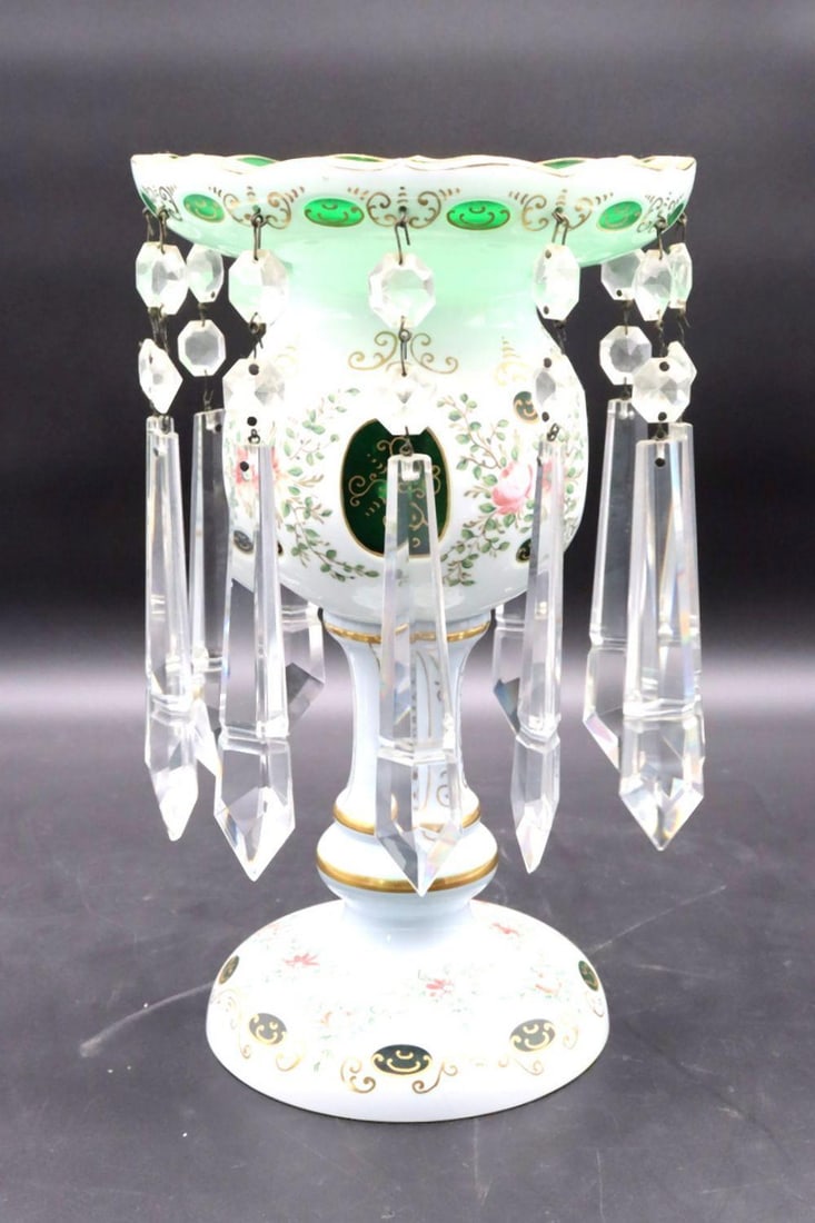 Porcelain & Crystal Mantle Lustre: Porcelain & Crystal Mantle Lustre with crystal Measures approx. - 13" H x 7 1/2" dia. Condition is overall good. Have a similar item to sell? Contact us at info@marketauctionsinc.com Please review