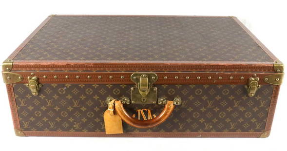 Vintage Louis Vuitton Alzer 80 Monogram Trunk: Vintage Louis Vuitton Alzer 80 Monogram Canvas Hard Travel Trunk/Suitcase. Measures approx. - 32&#34; long x 21&#34; high x 10&#34; deep. Monogrammed JSN on front and 21 on both sides. Comes with orig