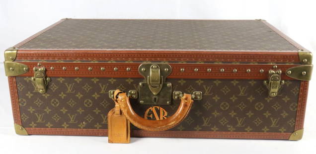 Vintage Louis Vuitton Alzer 70 Monogram Trunk: Vintage Louis Vuitton Alzer 70 Monogram Canvas Hard Travel Trunk/Suitcase. Measures approx. - 28&#34; long x 18 1/2&#34; high x 9&#34; deep. Monogrammed ESB on front, 46 on both sides. Comes with orig