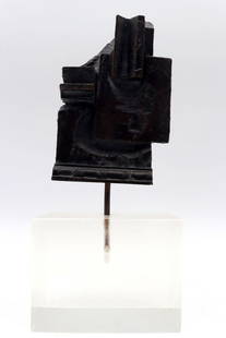 Louise Nevelson (American, 1899-1988) "Brandeis Multiple" Sculpture: Louise Nevelson (American, 1899-1988) "Brandeis Multiple" Bronze Abstract Sculpture. From an edition of 150 works. Miniature sculpture mounted on lucite base. Signed and dated 1968 on back. Ha