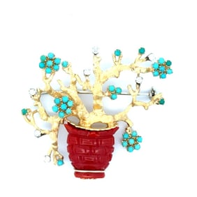 Garavelli Italian 18Kt Coral, Diamond and Turquoise Brooch