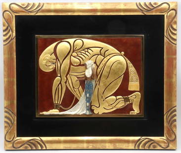Erte "Samson & Delilah" Bronze Wall Sculpture: Erte (French, Russian, 1892-1990) &#34;Samson &amp; Delilah&#34; Bronze Wall Sculpture. With Gold leaf carved frame. Numbered &#34;XXXIII/L. Measures approx. - 23&#34; W x 20&#34; H. Condition is over