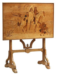 Emile Galle (French, 1846-1904) Marquetry Inlaid Folding Table: Marquetry inlaid folding table by Emile Galle. The tabletop depicts 6 figures, 3 on horseback. Table is in overall good condition. One of the legs does show some condition issues. Please see all photo
