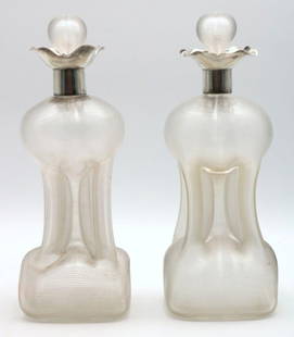 Rare Hukin & Heath Sterling & Blown Glass Decanters: Pair of Rare Hukin &amp; Heath Sterling Silver &amp; Blown Glass Decanters. Birmingham hallmarks, JTH JHM (John Thomas Heath &amp; John Hartshorne Middleton, 1890-1920). Measures approx. - 10 5/8&#34;