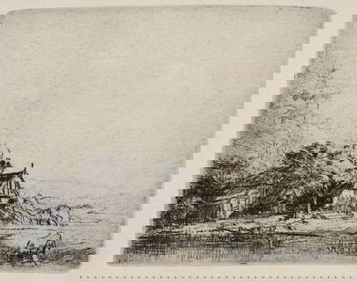 Rembrandt van Rijn (Dutch,1606-1669) "Landscape with Cow Drinking" Etching: Rembrandt van Rijn (Dutch,1606-1669) "Landscape with a Cow Drinking" (Millenium) Etching. Etching on Ingres d'Arches off-white laid paper (watermark) with large margins. The second state a