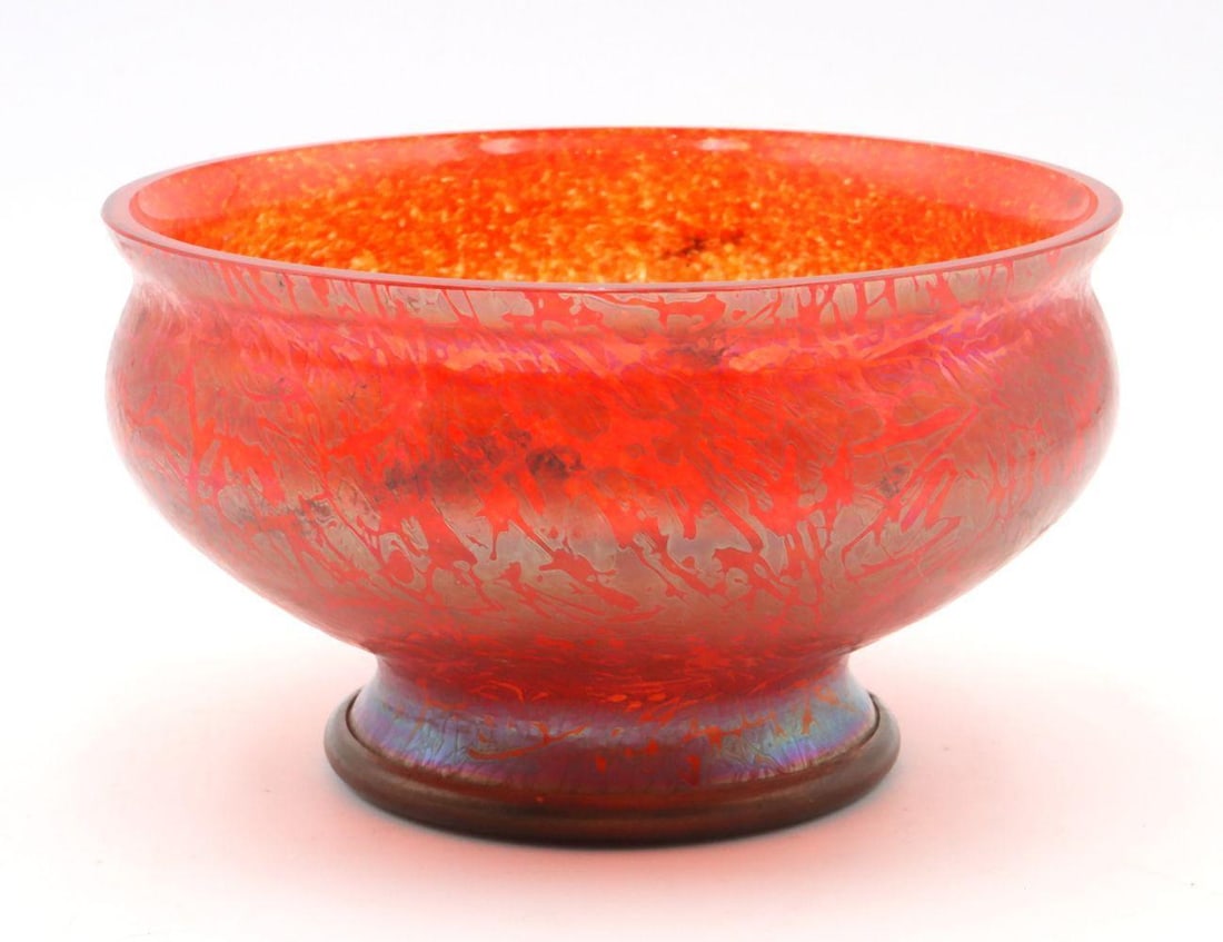 Attr. Loetz Iridescent Red Glass Bowl: Attributed to Loetz Iridescent Red Glass Bowl. Measures approx. - 4.5" H x 8" Dia. Signed "Loetz Austria" under base. Condition is overall good. Have a similar item to sell? Contact us