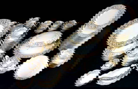 142 Pc. Wedgwood "Gold Florentine" Porcelain Dinner Set: 142 Pc. Wedgwood &#34;Gold Florentine&#34; Porcelain Dinner Set. Includes: 11 Dinner Plates (2 cracked) measuring approx. - 10.5&#34; dia 13 Double-Handled Coffee Cups measuring approx. - 6.5&#34; W x