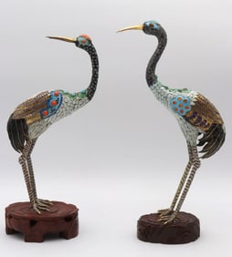 Pair of Chinese Silver Enamel Crane Sculptures