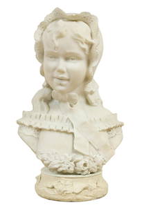 French Carved White Marble Bust Sculpture: French Carved White Marble Bust Sculpture. No visible signature. Measures approx 18&#34; x 11&#34;. wpm781401 Have a similar item to sell? Contact us at info&#64;marketauctionsinc.com Please review al