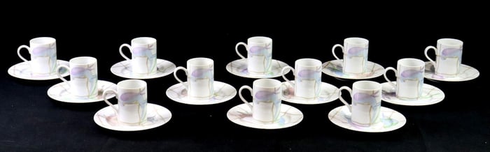 24 Pc. Fitz and Floyd "Pastel Parakeets" Coffee Mug and Plate Set