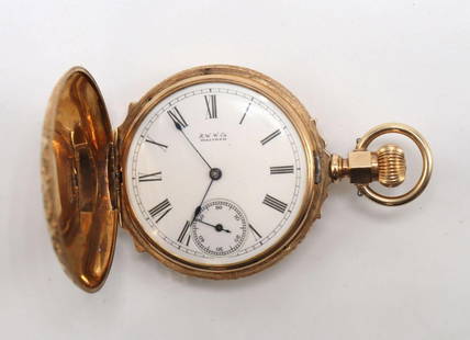 Antique Waltham 14Kt Pocket Watch: Antique Waltham 14Kt Yellow and Rose Gold Pocket Watch. With diamond in the middle of the case, circa 1891. Thick hunting style case including 14Kt interior dust cover over movement. double sunk porce