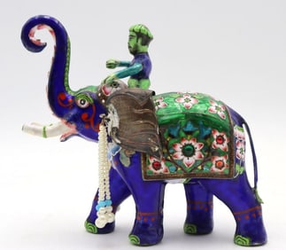 Vintage Hindu Enamel Painted Silver Tone Elephant Sculpture