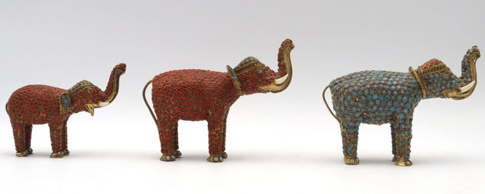 Three Asian Beaded Brass Elephant Figures