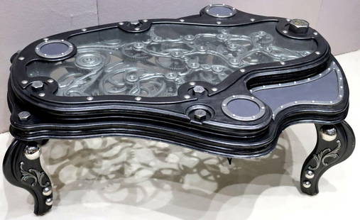 Dale Mathis (American, b.1972) "Wicked" Coffee Table: Dale Mathis (American, b. 1972) "Wicked" Coffee Table, with moving gears inlay which are electrically powered. In working condition. Measures approx.- 47 1/2" in width x 20" height,