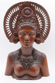 Vintage Bali Wood-Carved Female Bust