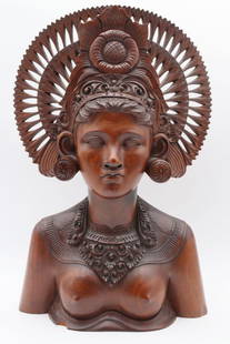 Vintage Bali Wood-Carved Female Bust: Vintage Bali Wood-Carved Female Bust. Please note - Chip on the bottom edge of the bust. Measurement approx.- 15 3/4"H X 9 1/2"L X 4 1/2"W. Have a similar item to sell? Contact us at