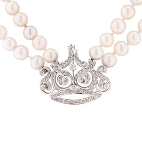 Art Deco Platinum 3.50ct Diamond & Pearl Necklace