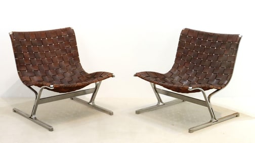 Ross Littel "Luar" Leather and Steel Lounge Chairs