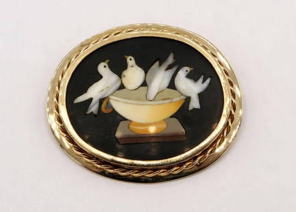 Italian Pietra Dura "Pliny Doves" 14Kt Ladies Brooch: Italian Pietra Dura "Pliny Doves" 14Kt Yellow Gold Ladies Brooch. Weight approx. - 30.40 dwt. Measures approx. - 47mm long. WPM1059903 Have a similar item to sell? Contact us at