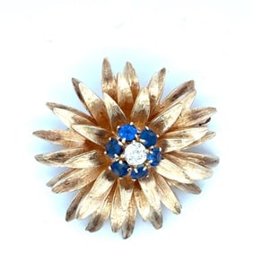 Vintage 14Kt Diamond and Sapphire Floral Brooch