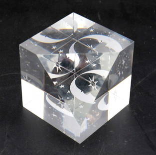 Vintage Steuben "Moon and Stars" Prism Crystal Paperweight: Vintage Steuben &#34;Moon and Stars&#34; Prism Crystal Paperweight. Measures approx. - 3&#34; H x 3&#34; D x 2.5&#34; W. Includes original box and cover. Condition is overall good. Have a similar item