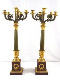 Pair of Antique French Bronze & Marble Candelabras