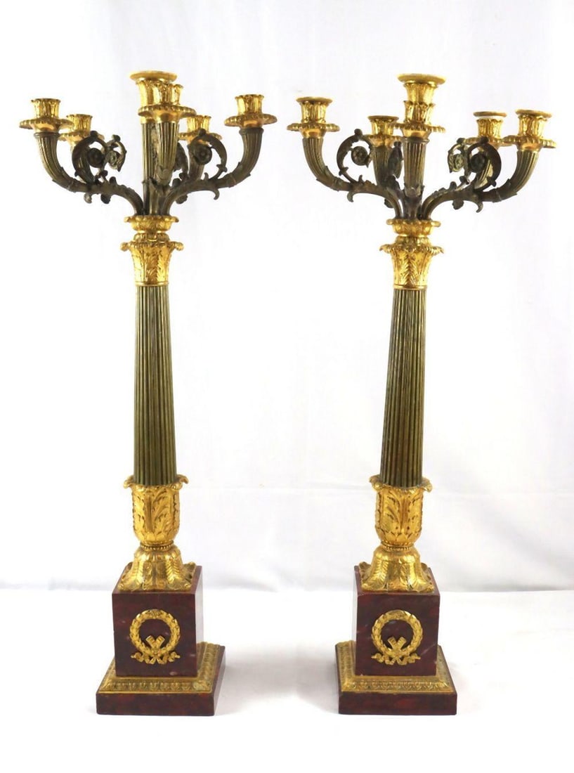 Pair of Antique French Bronze & Marble Candelabras