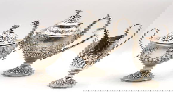 Antique S. Kirk & Sons Repousse Sterling Coffee Set: Antique S. Kirk & Sons Repousse Sterling Silver Coffee Set. Coffee pot - 9 1/4" high x 11" wide, covered sugar - 8" high x 10" wide, creamer - 8" high x 6" wide. Weight