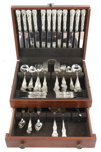 87 Pc. Tiffany & Co. "English King" Dinner Size Sterling Flatware Set: 87 Pc. Tiffany & Co. "English King" Dinner Size Sterling Silver Flatware Set. Service for 12, this set contains 12 dinner forks - 7 1/2" 12 salad forks 12 tea spoons 12 cream