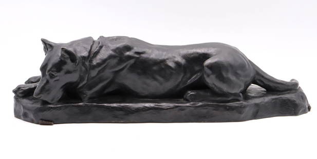 Georges Lucien Guyot (French, 1885-1973) Bronze Sculpture: Georges Lucien Guyot (French, 1885-1973) Recumbent Dog Bronze Sculpture. Depicting a German Shepherd laying down. Signed on base. Measures approx. - 5 1/2" high x 21" long x 6 1/2" deep.