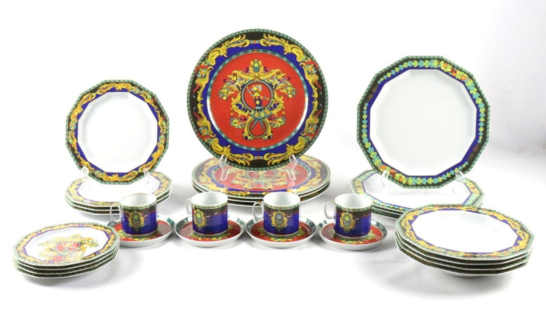 28 Pc. Rosenthal Versace "Le Roy Soleil" Porcelain Dinner Set: 28 Pc. Rosenthal Versace "Le Roy Soleil" Porcelain Dinnerware China Set. Discontinued - 2000. This set contains 4 chargers - 12" 4 dinner plates - 10 1/2" 4 salad plates - 8 1/2"