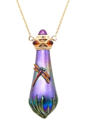 Rare John Gilvey 14Kt & Gemstones Art Glass Perfume Bottle Necklace