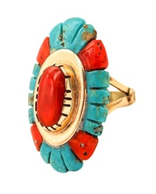 Zuni 14Kt Coral & Turquoise Cocktail Ring