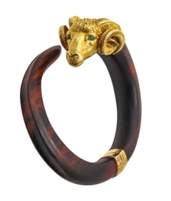 Vintage Gay Freres 18Kt & Wooden Ram's Head Bangle Bracelet