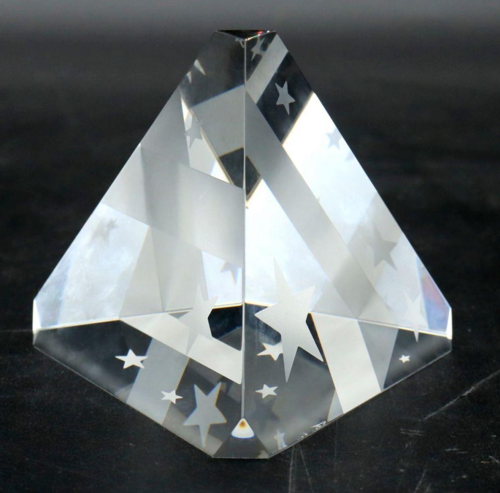 Steuben Crystal Prism Paperweight: Steuben Crystal Prism Paperweight. Includes original box and cloth bag. Measures approx. - 3 1/2" W x 3" H x 3" D. Signed "Steuben". Condition is overall good. Have a similar item