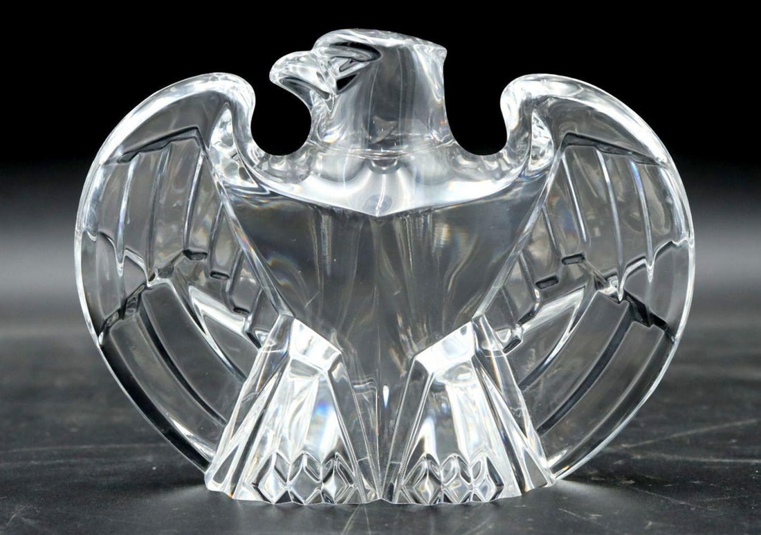 Steuben Crystal Eagle Paperweight: Steuben Crystal Eagle Paperweight. Includes original box with cloth bag. Measures approx. - 3 1/2" H x 4 1/2" W x 2" D. Signed "Steuben". Condition is overall good. Have a similar