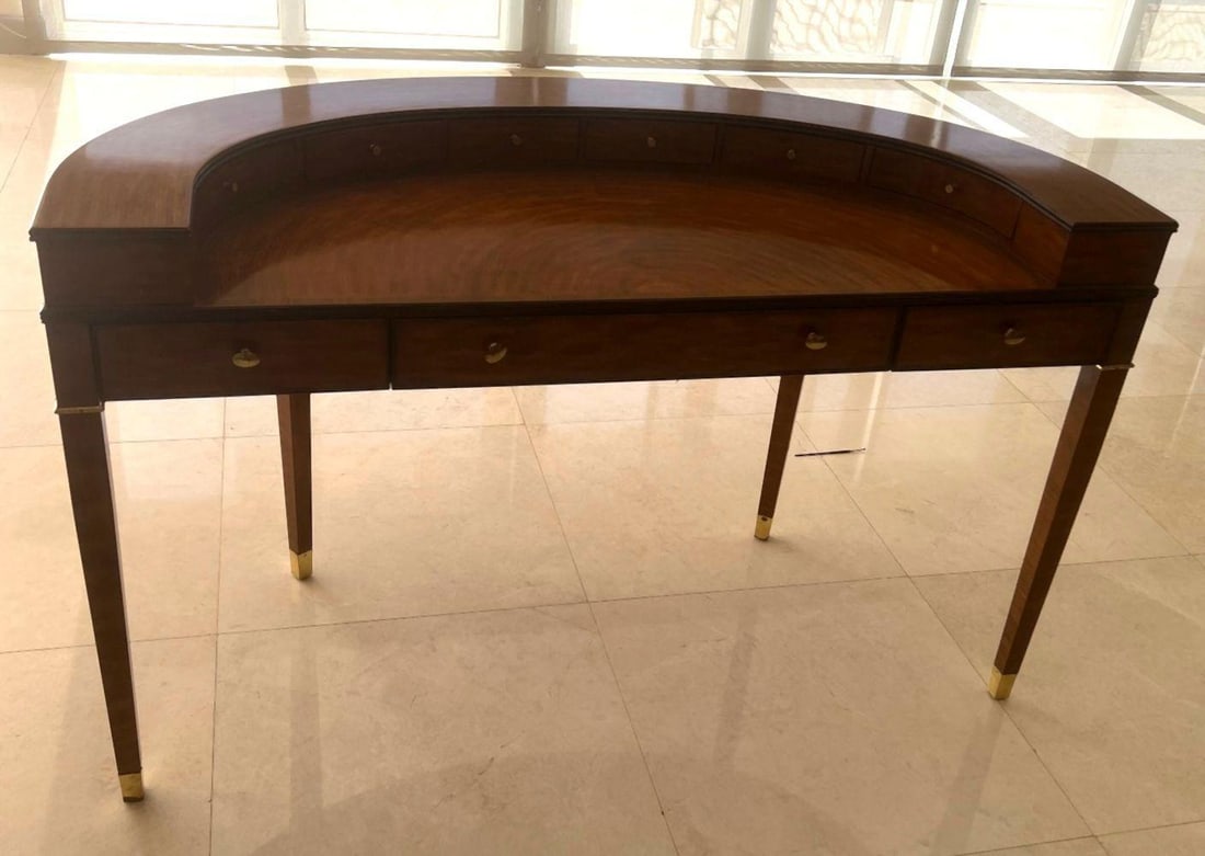 Drexel Heritage Primavera Mahogany Demilune Writing Desk: Drexel Heritage Primavera Mahogany Demilune Writing Desk. Measures approx. - 33" high x 54 1/4" wide x 25 1/2" deep. Have a similar item to sell? Contact us at info@marketauctionsinc.c