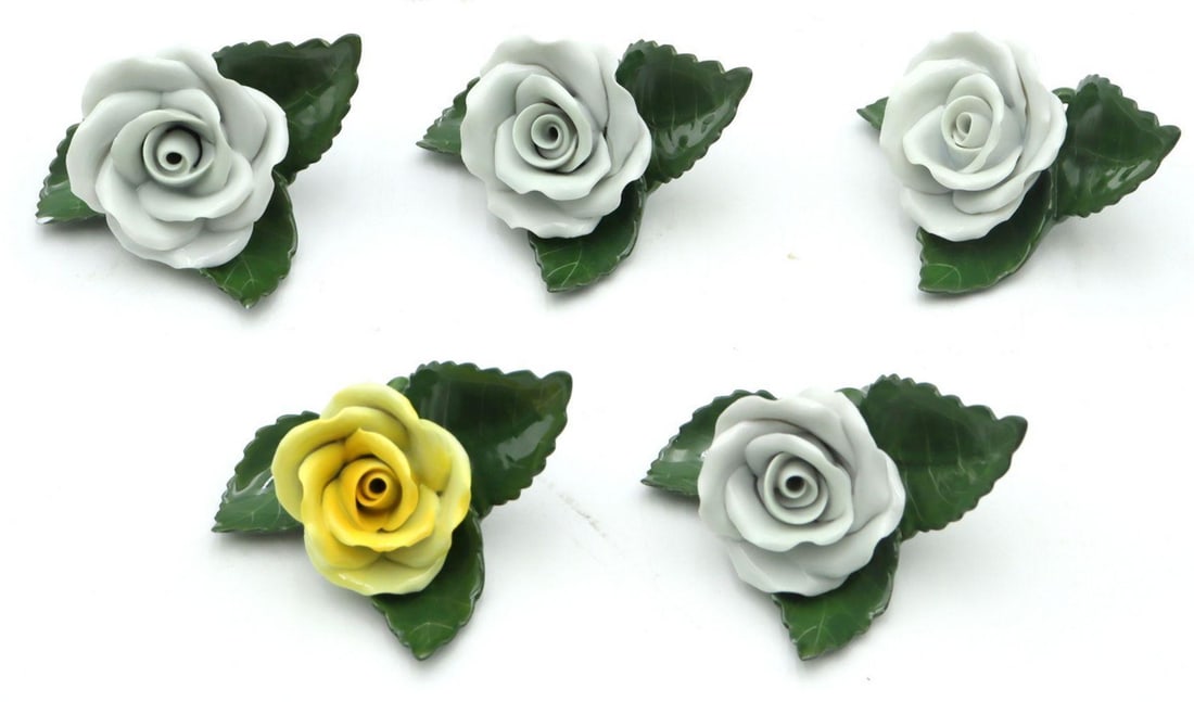 5 Pc. Herend Hand-Painted Porcelain Rose Card Holders: 5 Pc. Herend Hand-Painted Porcelain Rose Card Holders. Each measure approx. - 3 1/2" W x 1 3/4" H x 3" D. Four are Stamped "Herend Hungary 8983", one yellow rose is stamped "He