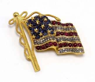 Vermeil "American Flag" Sterling, Diamond and Gemstone Brooch